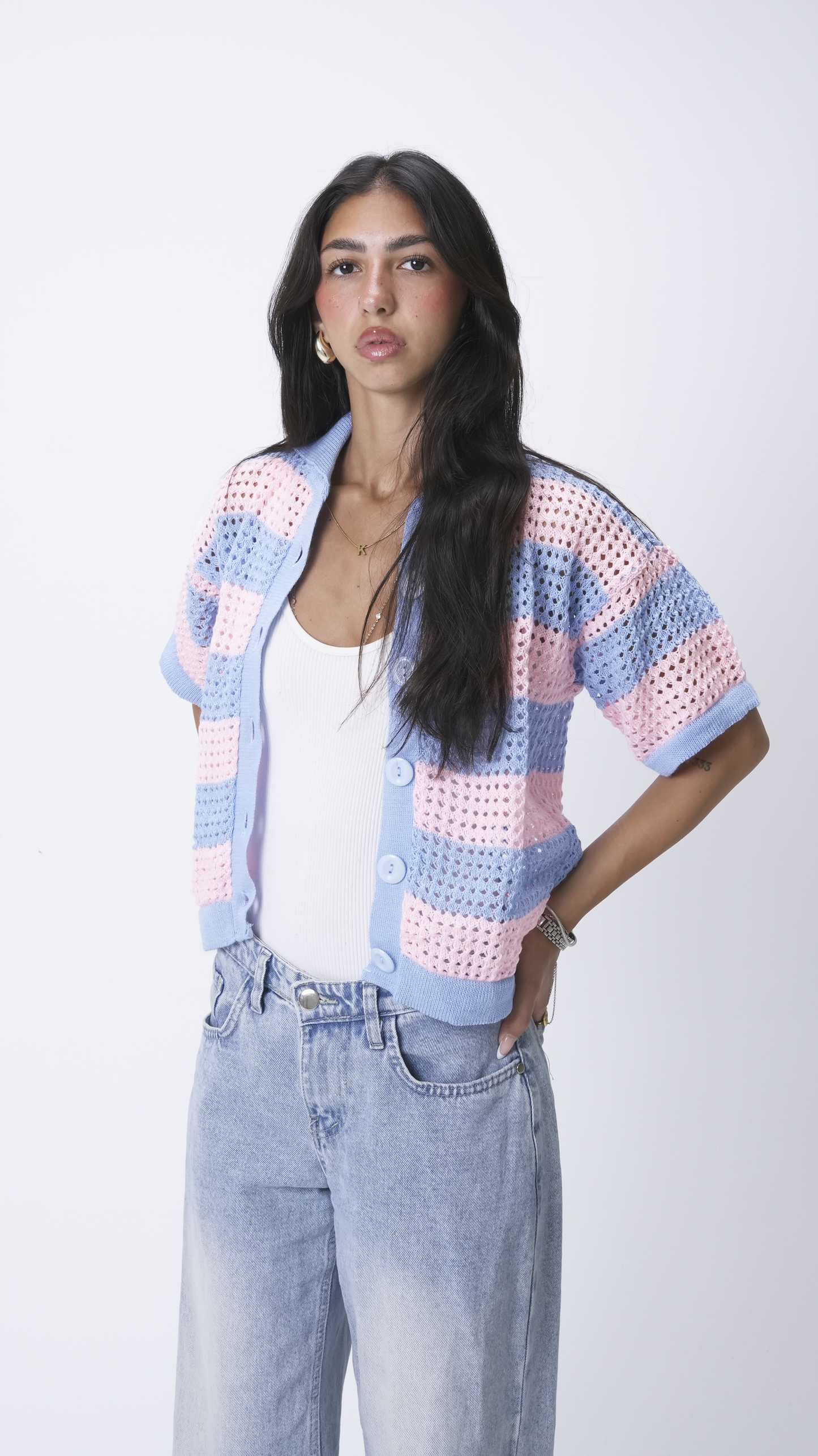 Baby blue & Pink knit cardigan