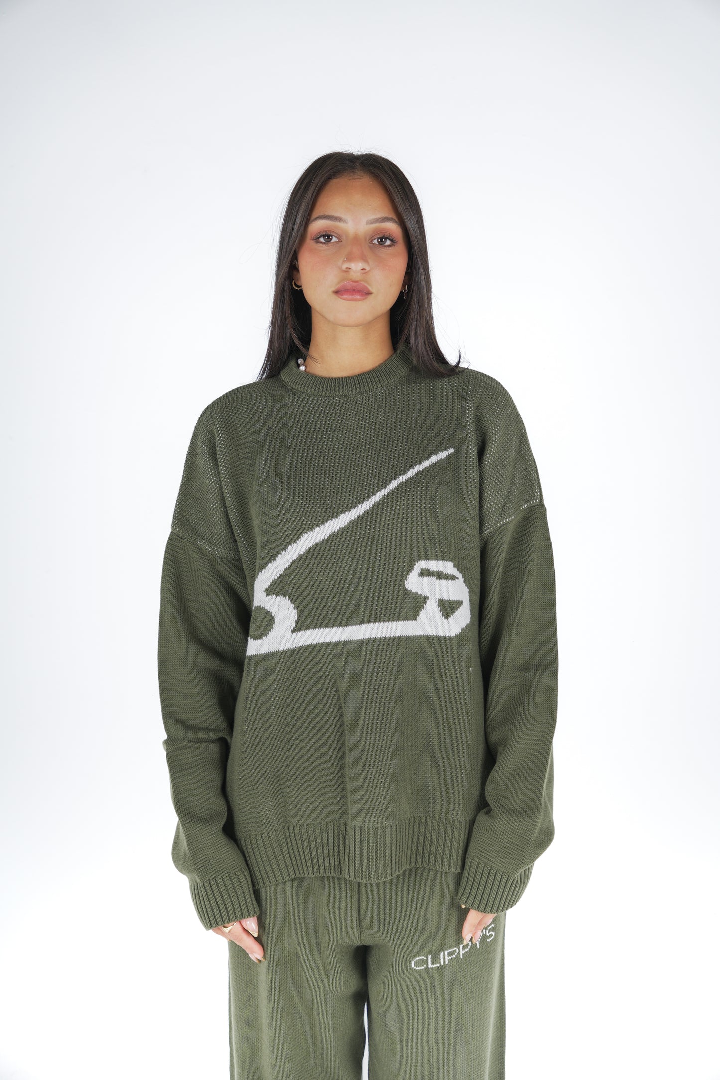 Olive Clip Knitted Crewneck