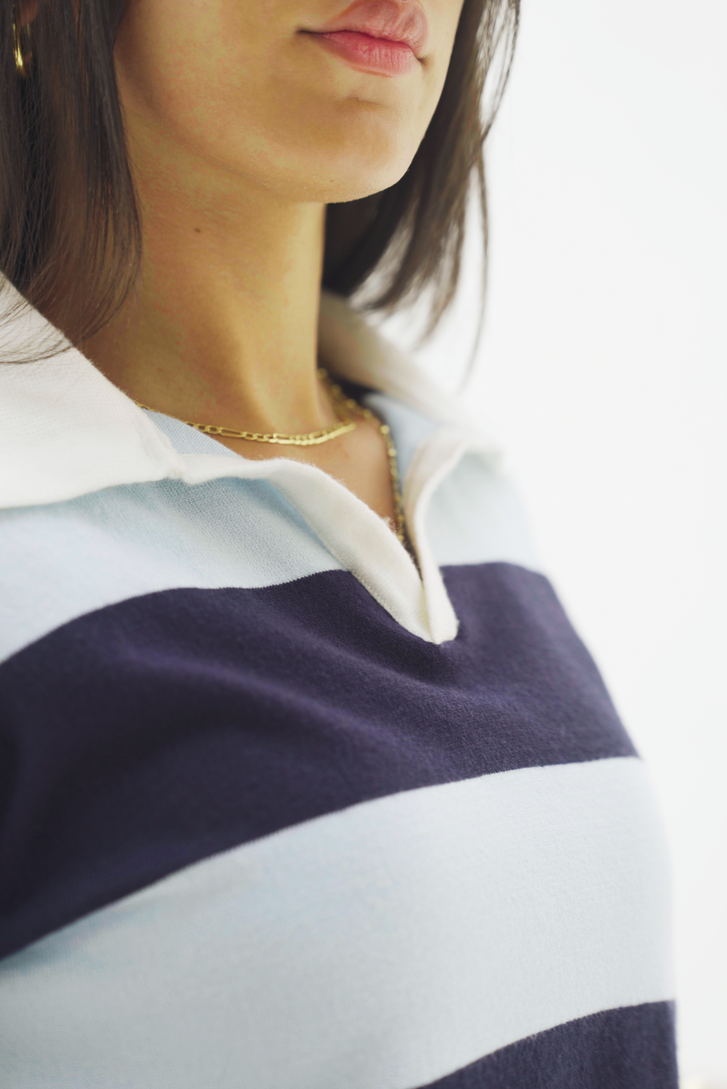 Navy & Baby blue striped knit polo top