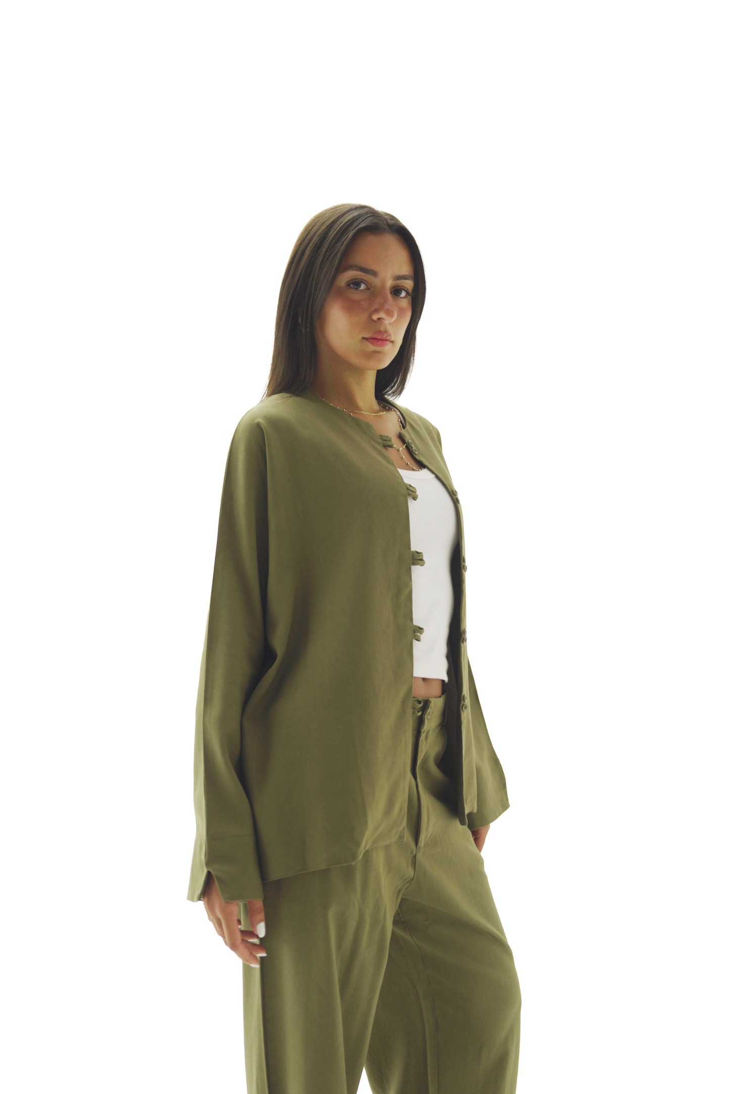 Double buttoned olive linen chemise