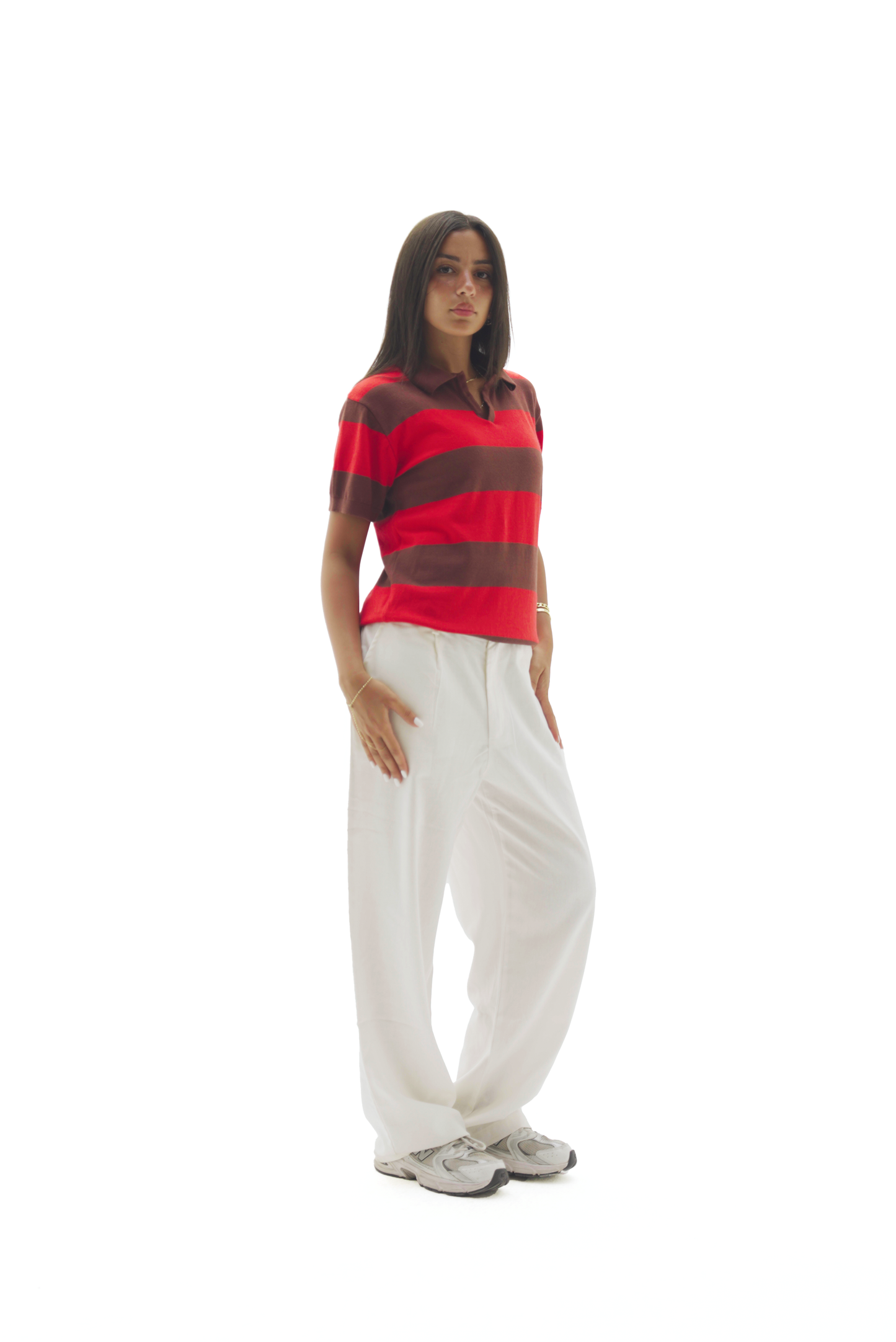Red & Brown striped knit polo top