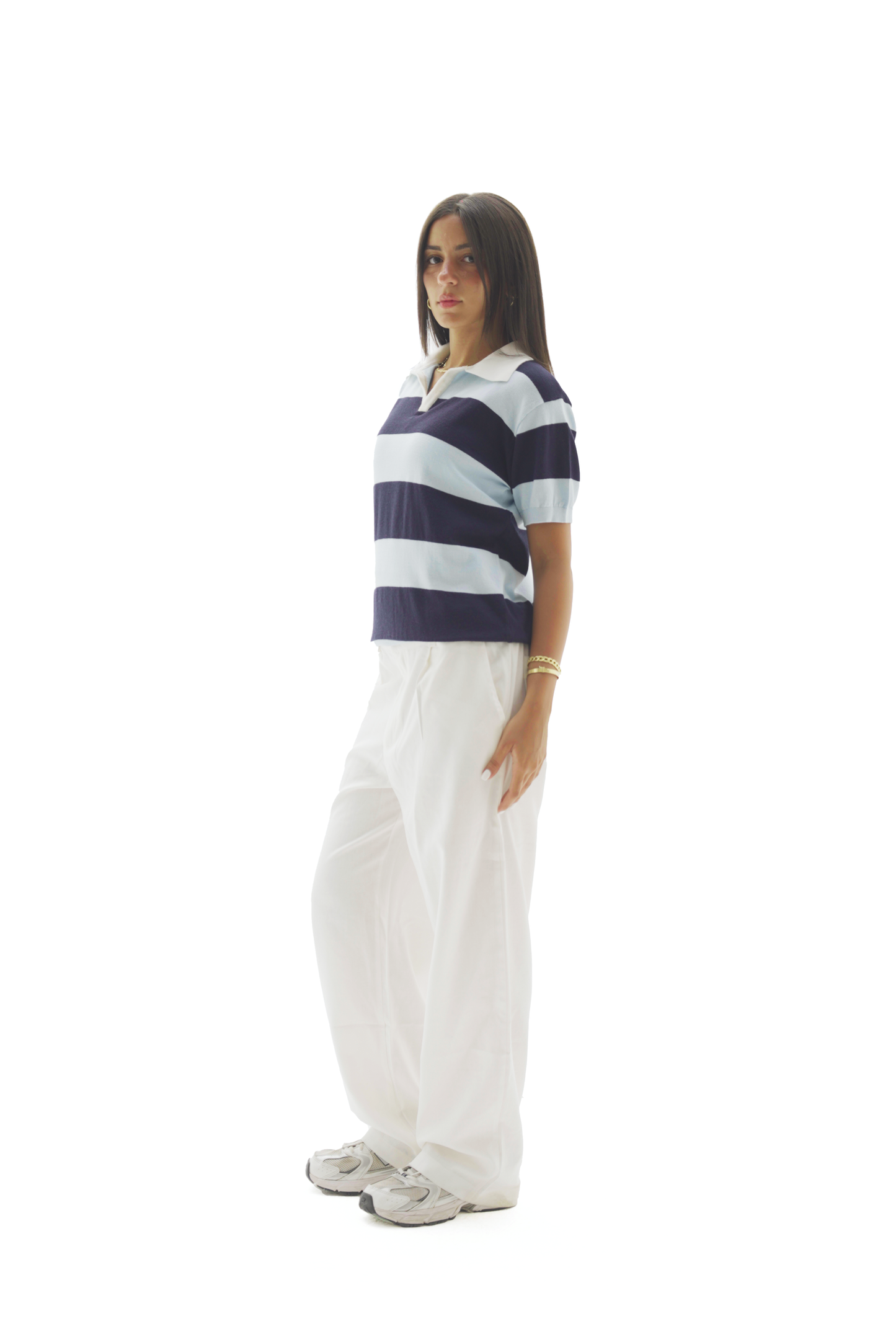 Navy & Baby blue striped knit polo top