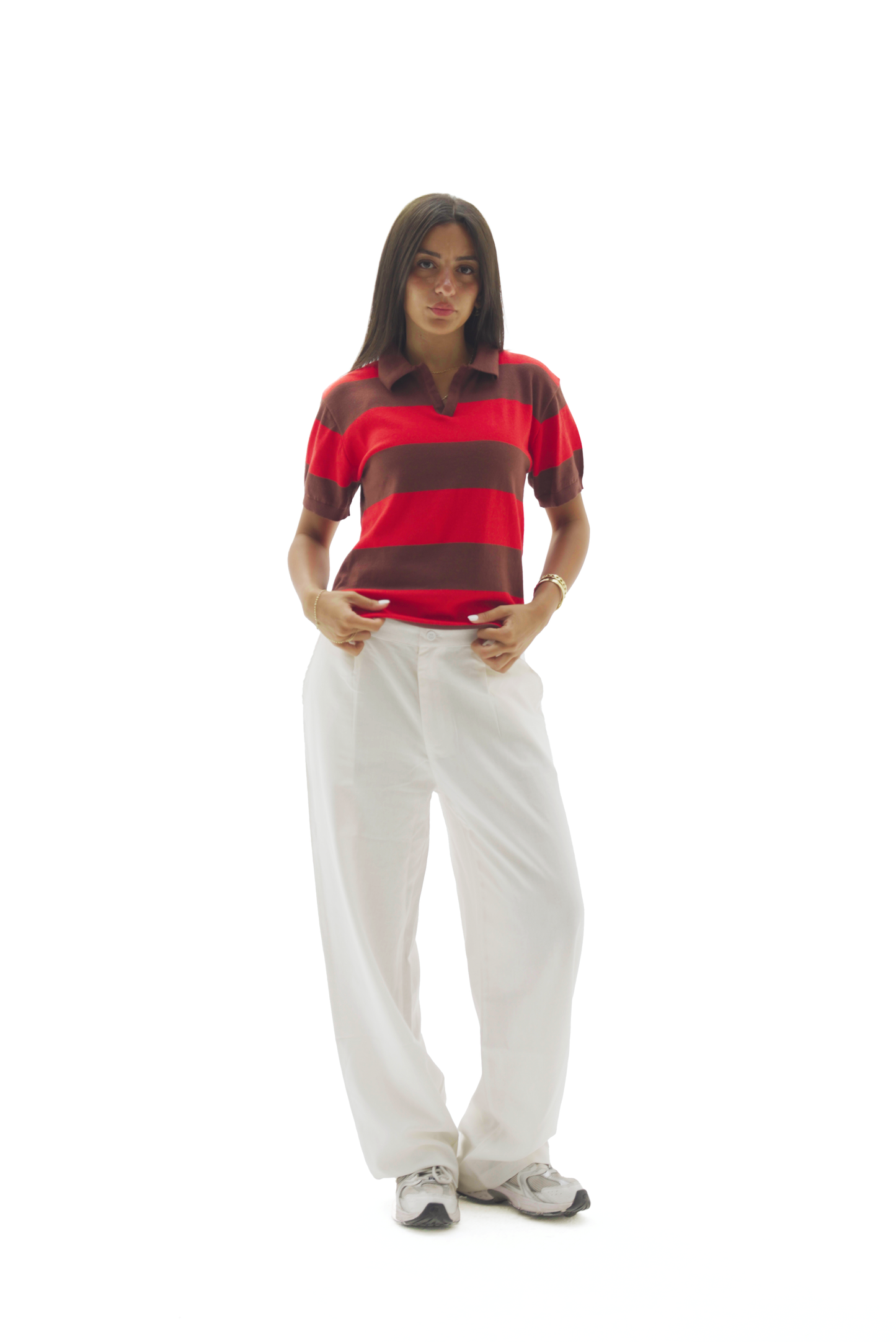 Red & Brown striped knit polo top