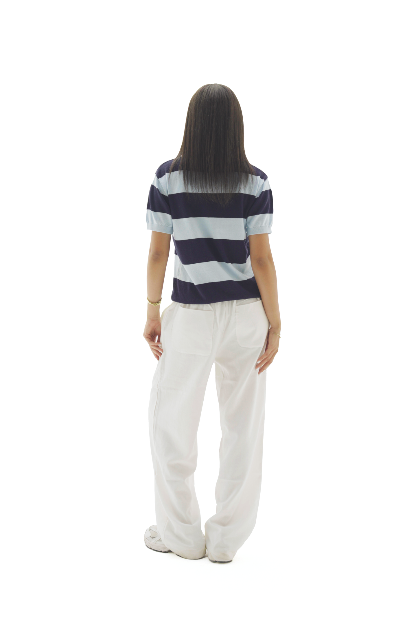 Navy & Baby blue striped knit polo top