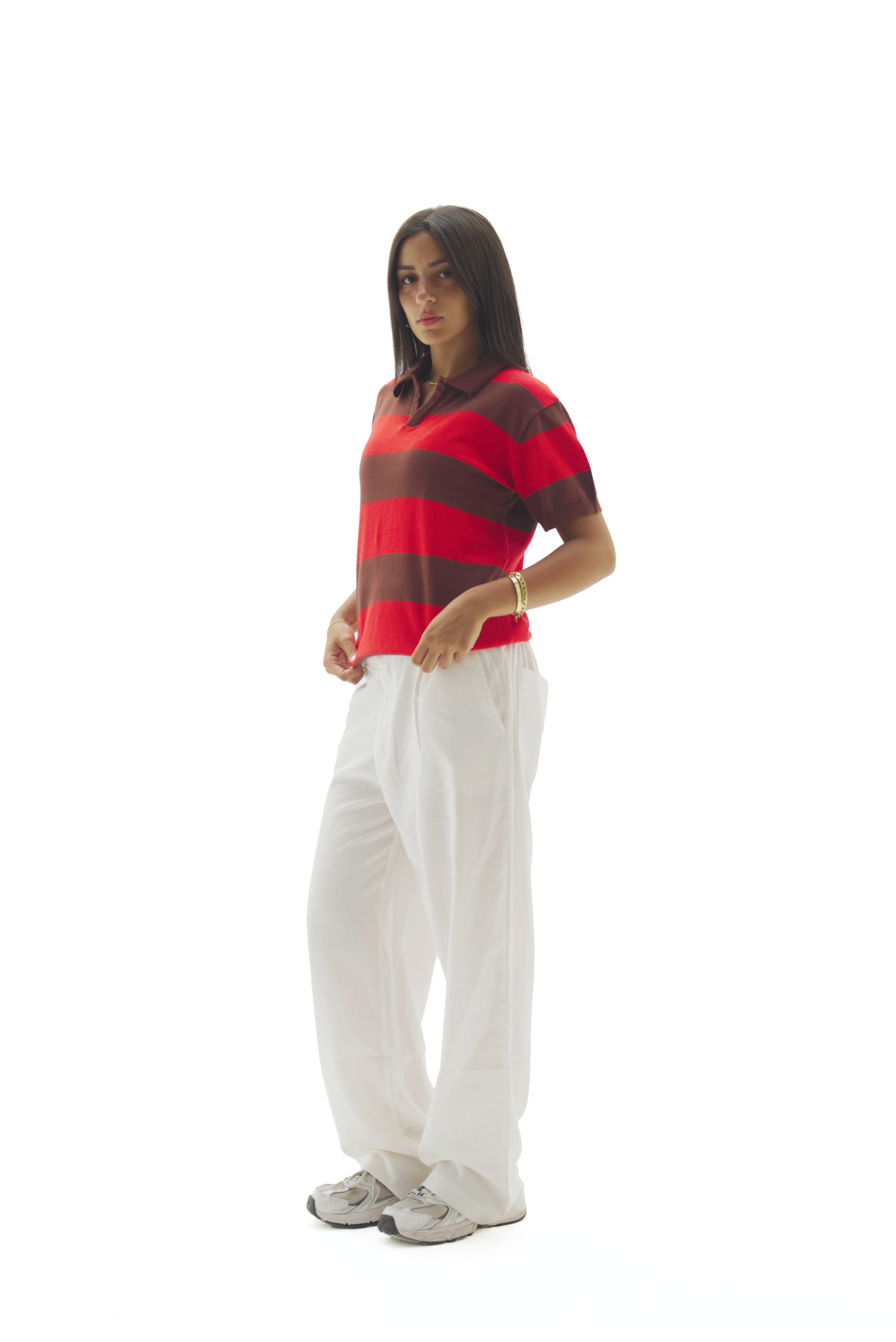 Red & Brown striped knit polo top