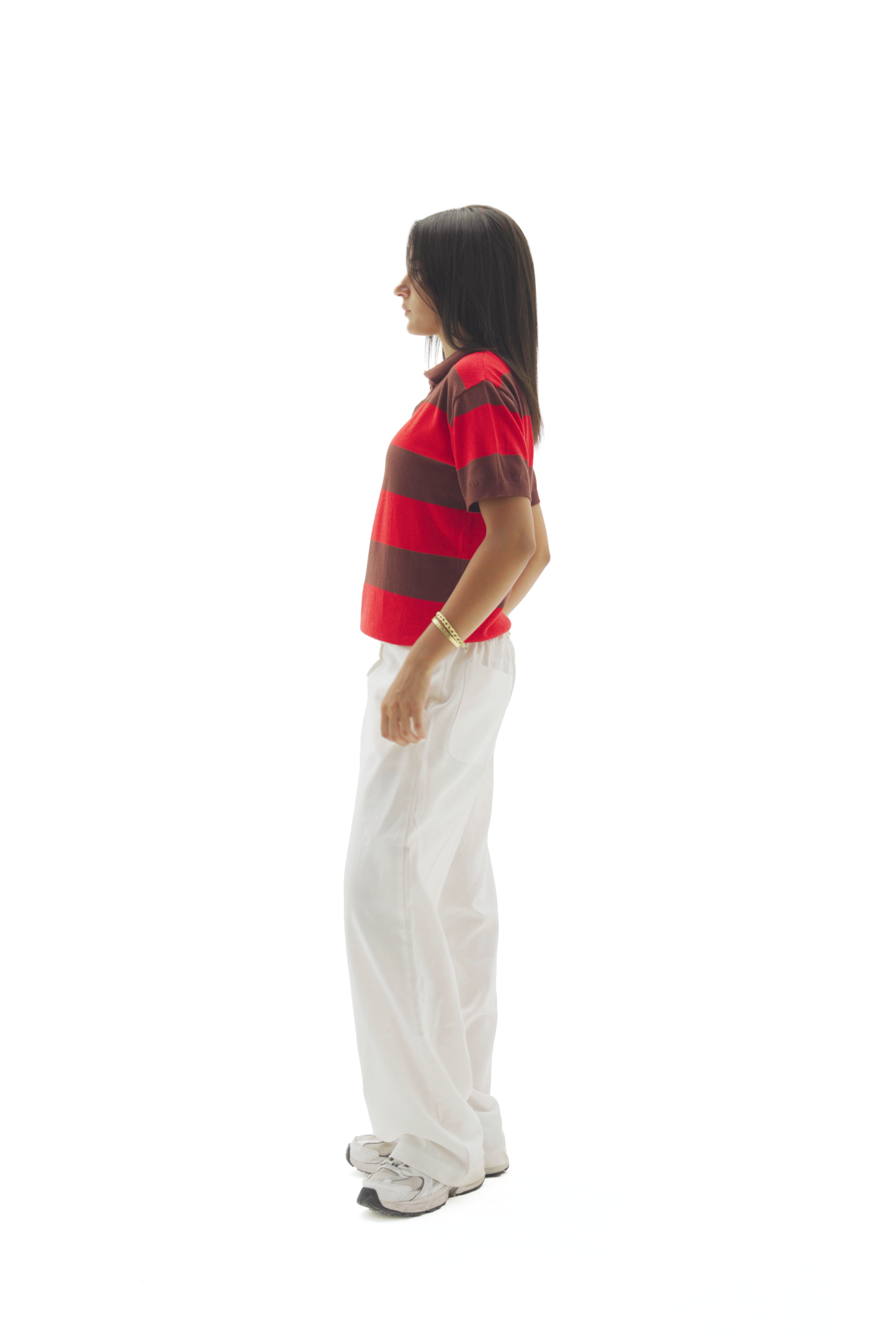 Red & Brown striped knit polo top