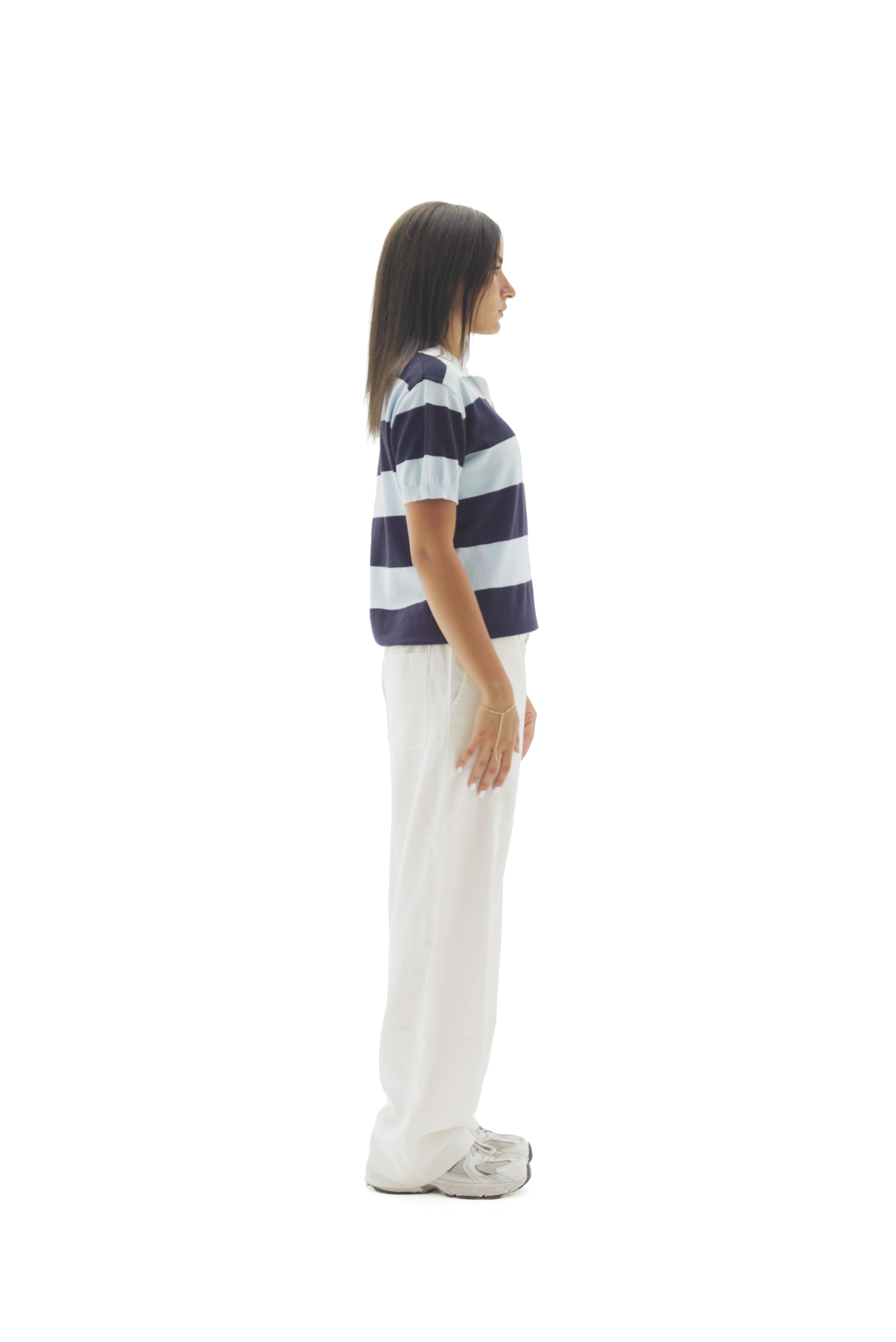 Navy & Baby blue striped knit polo top