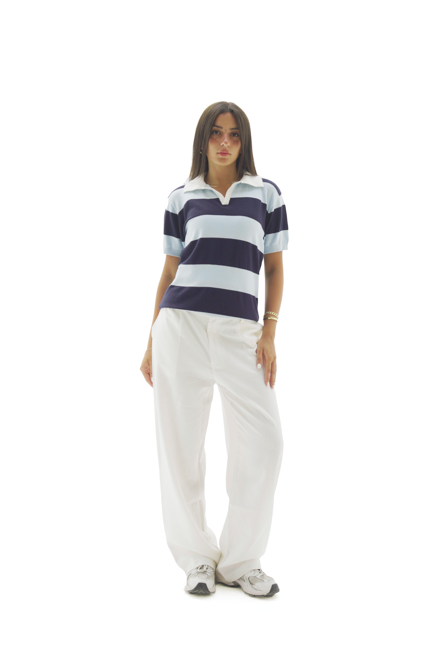 Navy & Baby blue striped knit polo top
