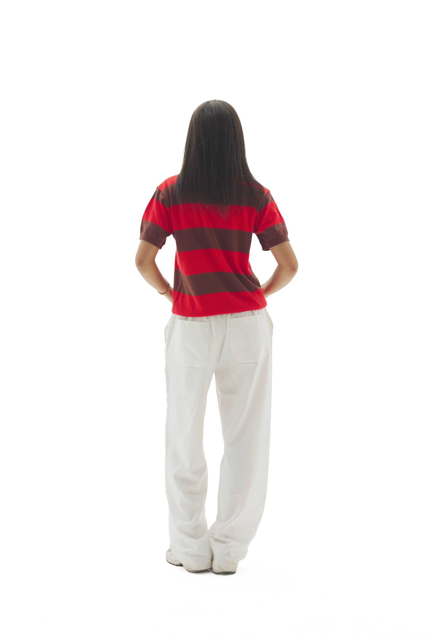Red & Brown striped knit polo top