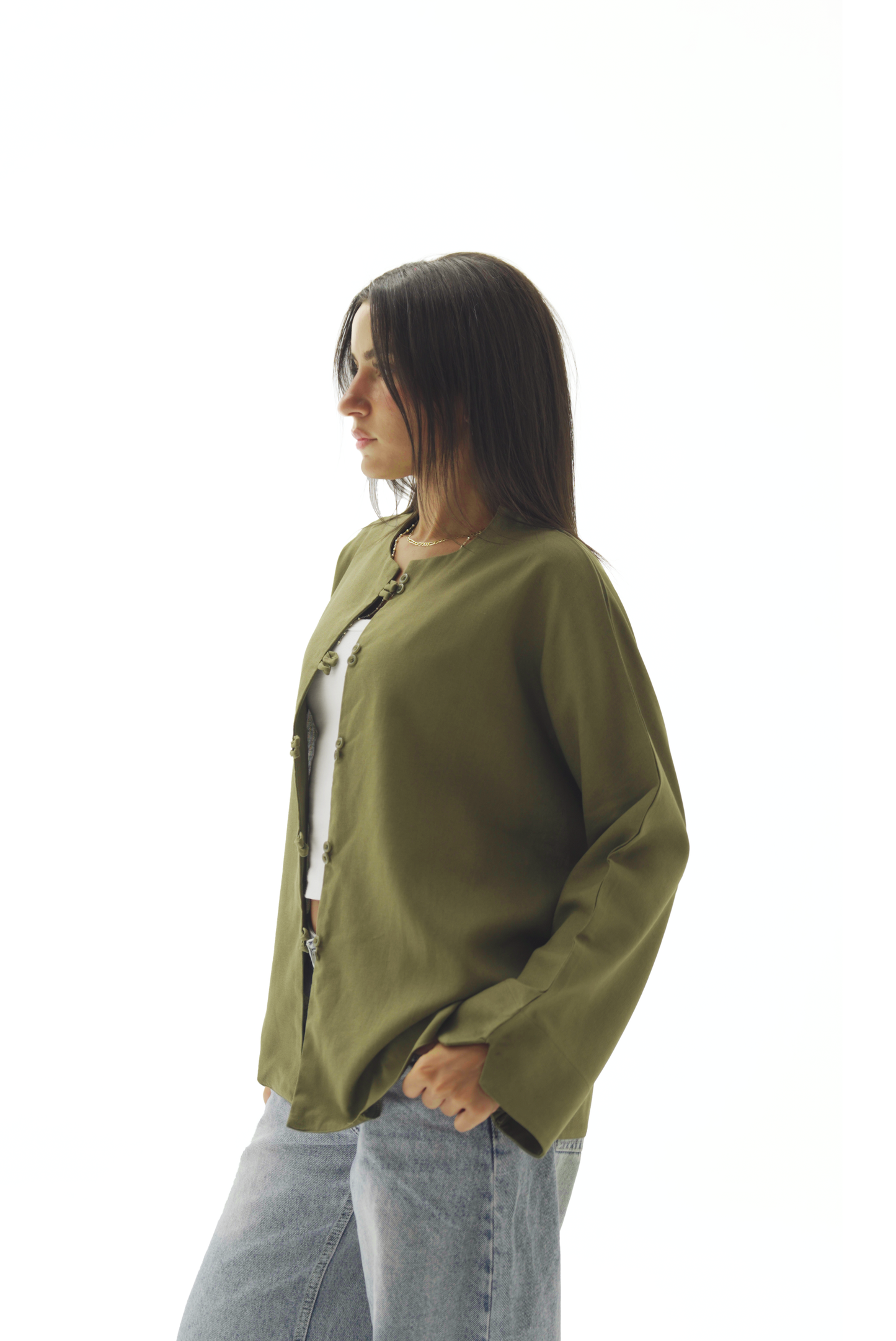 Double buttoned olive linen chemise