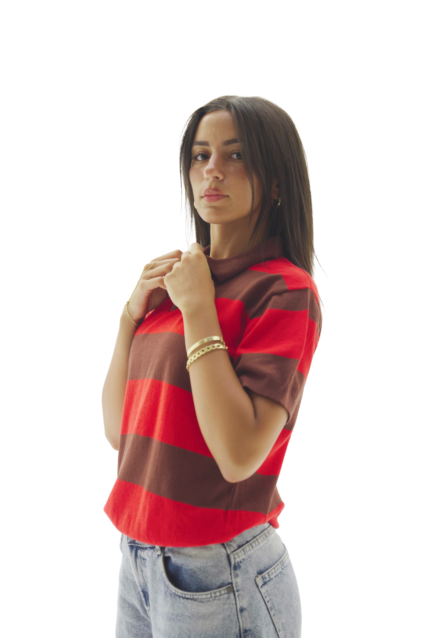 Red & Brown striped knit polo top