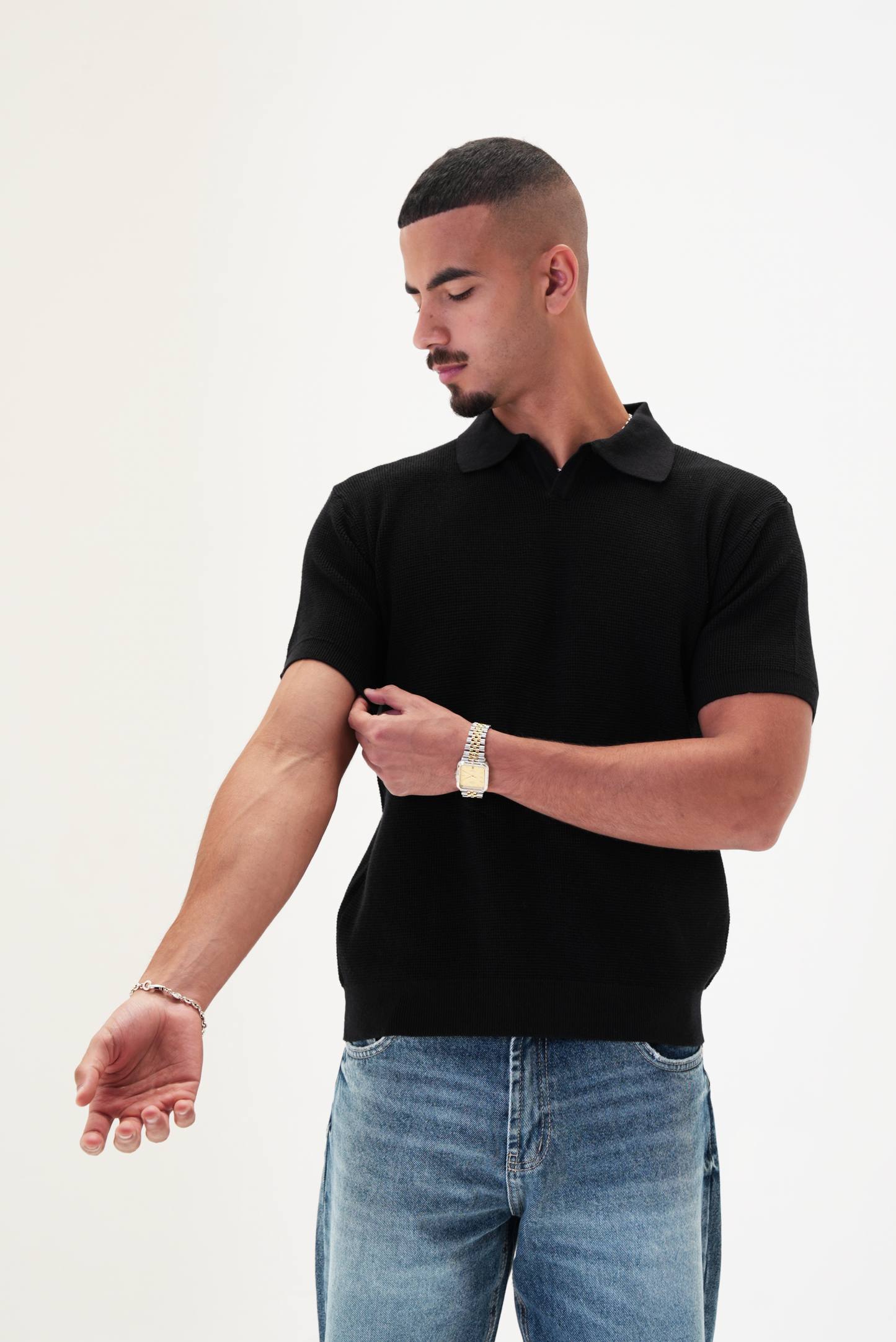 Black knit polo T-shirt