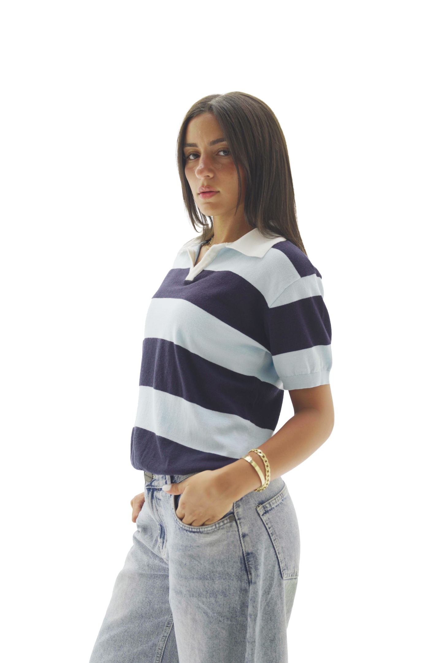 Navy & Baby blue striped knit polo top