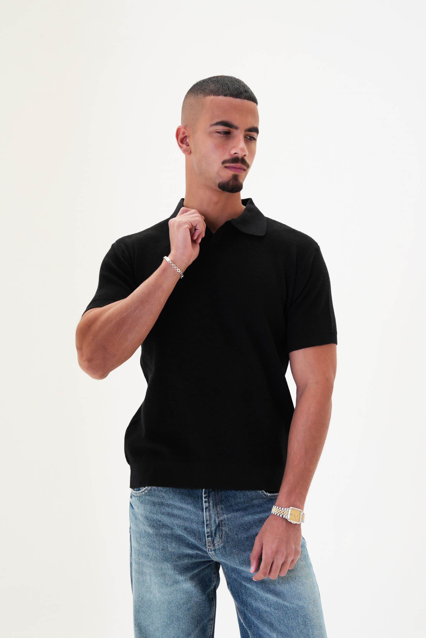 Black knit polo T-shirt