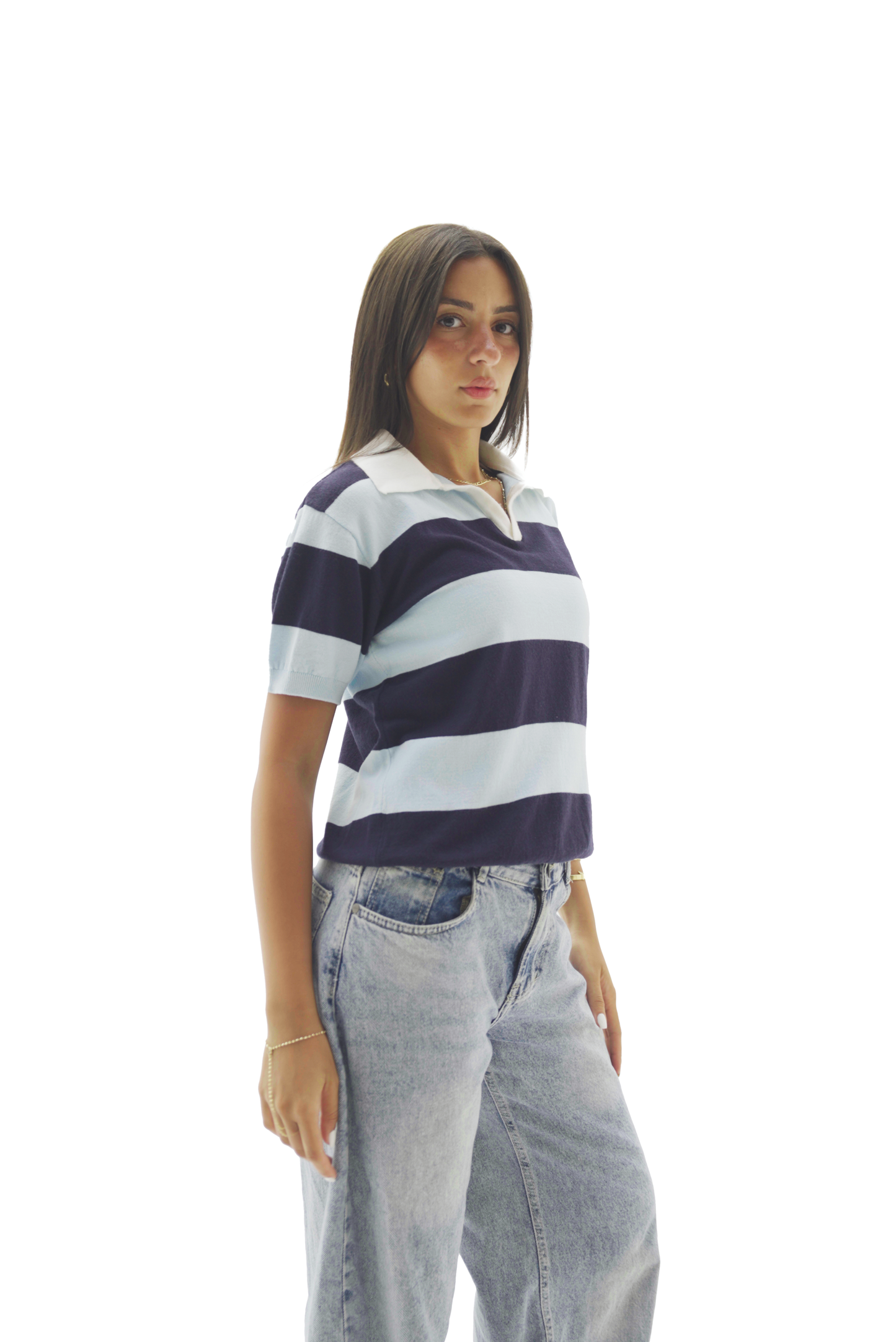 Navy & Baby blue striped knit polo top