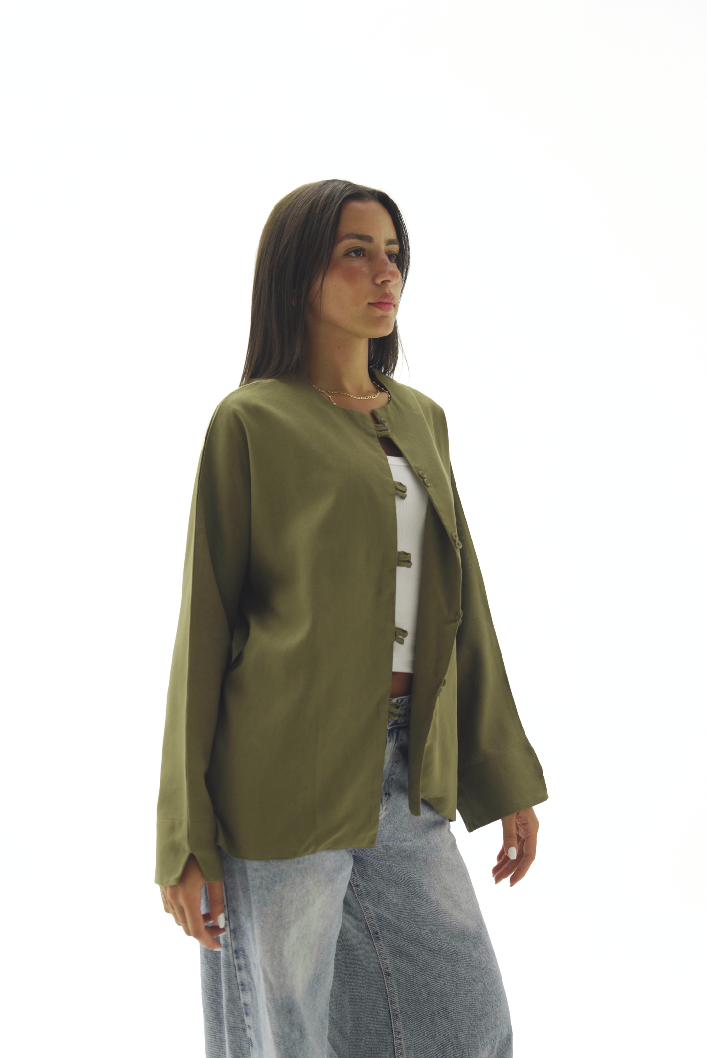 Double buttoned olive linen chemise
