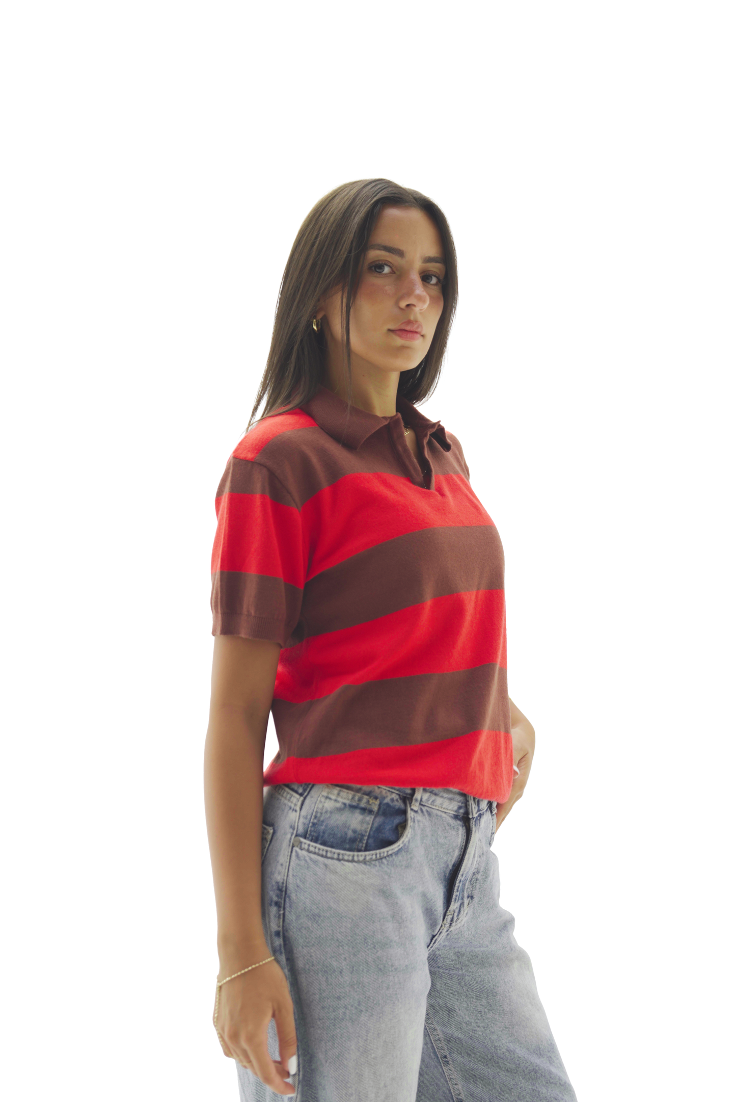 Red & Brown striped knit polo top