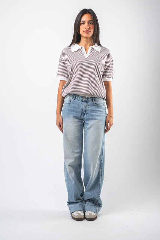 White & Brown striped knit polo top