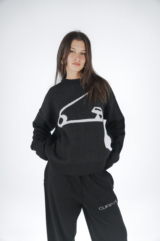 Black Clip Knitted Crewneck